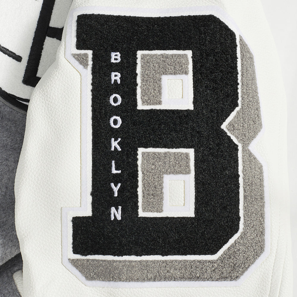NBA BROOKLYN NETS OLD ENGLISH MEN'S RIB WOOL VARSITY JACKET (HEATHER GREY/WHITE/BLACK)