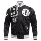 NBA BROOKLYN NETS MASH UP BLOUSON EN SATIN À BORDS CÔTELÉS POUR HOMME (NOIR/GRIS)