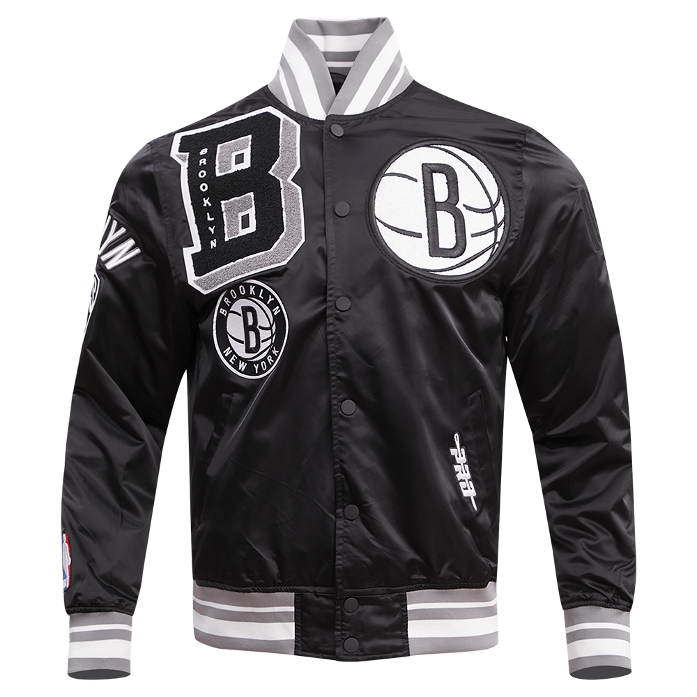 NBA BROOKLYN NETS MASH UP BLOUSON EN SATIN À BORDS CÔTELÉS POUR HOMME (NOIR/GRIS)