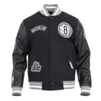 NBA BROOKLYN NETS DIY PICK STITCH MEN'S RIB WOOL VARSITY JACKET (BLACK/GRAY)