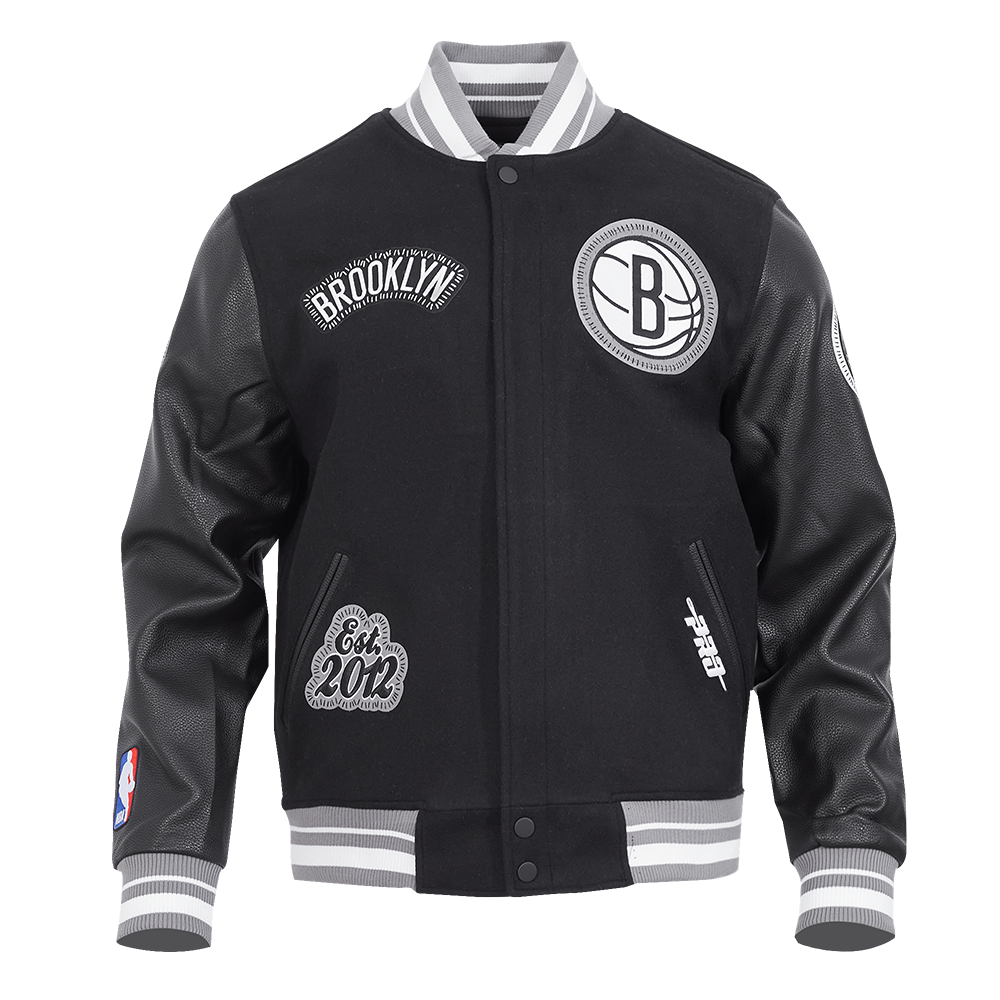 NBA BROOKLYN NETS DIY PICK STITCH MEN'S RIB WOOL VARSITY JACKET (BLACK/GRAY)