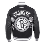 NBA BROOKLYN NETS DIY PICK STITCH MEN'S RIB WOOL VARSITY JACKET (BLACK/GRAY)