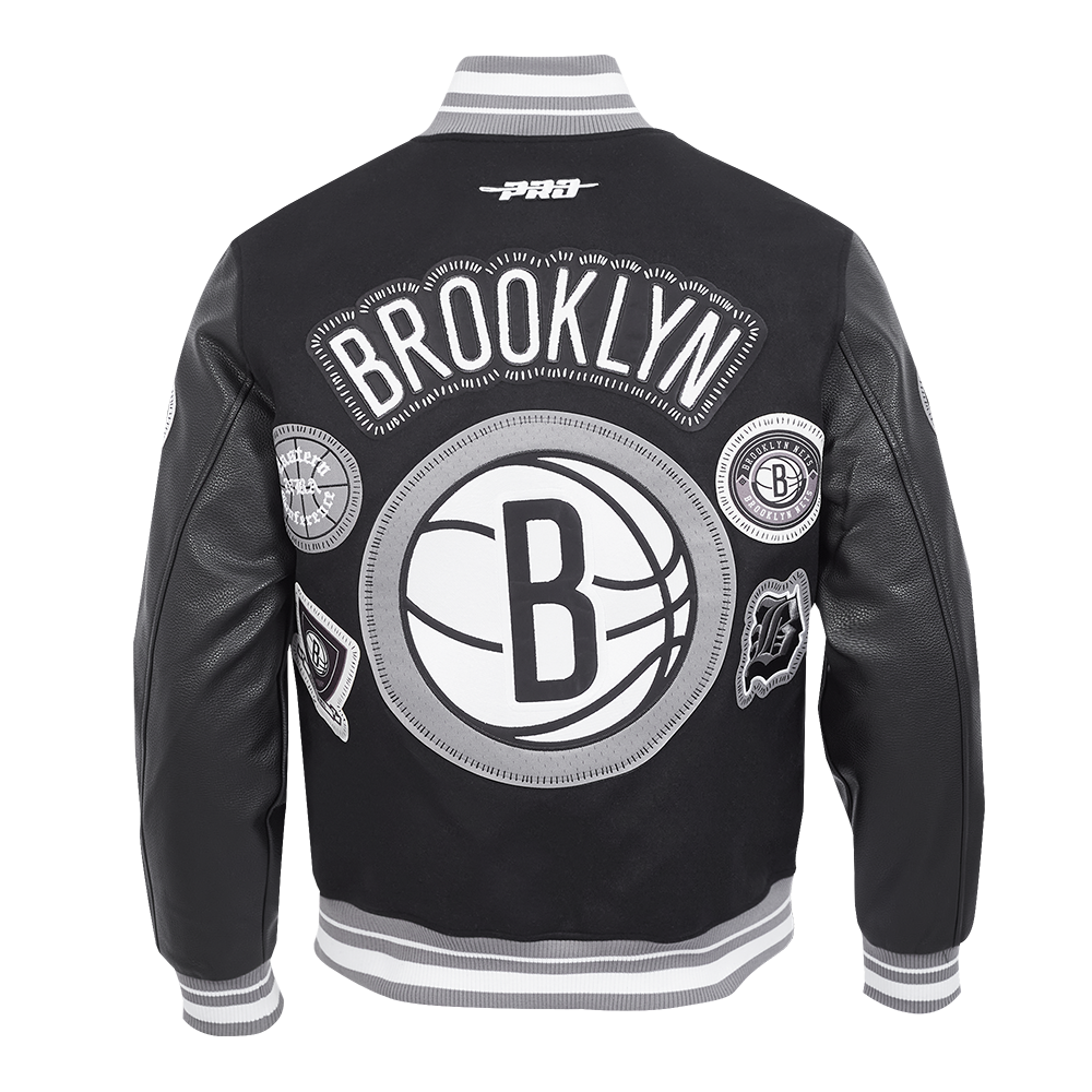 NBA BROOKLYN NETS DIY PICK STITCH MEN'S RIB WOOL VARSITY JACKET (BLACK/GRAY)