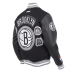 NBA BROOKLYN NETS DIY PICK STITCH MEN'S RIB WOOL VARSITY JACKET (BLACK/GRAY)