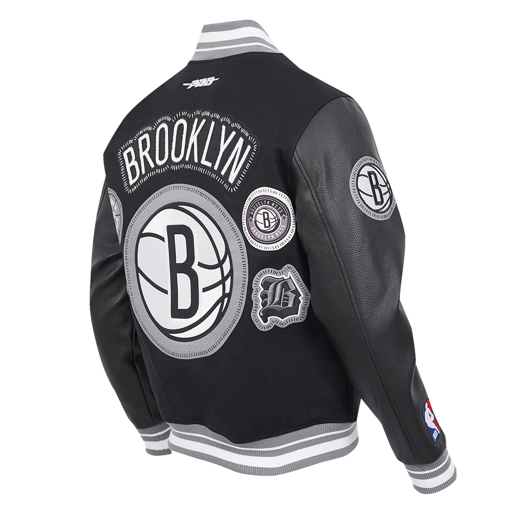 NBA BROOKLYN NETS DIY PICK STITCH MEN'S RIB WOOL VARSITY JACKET (BLACK/GRAY)