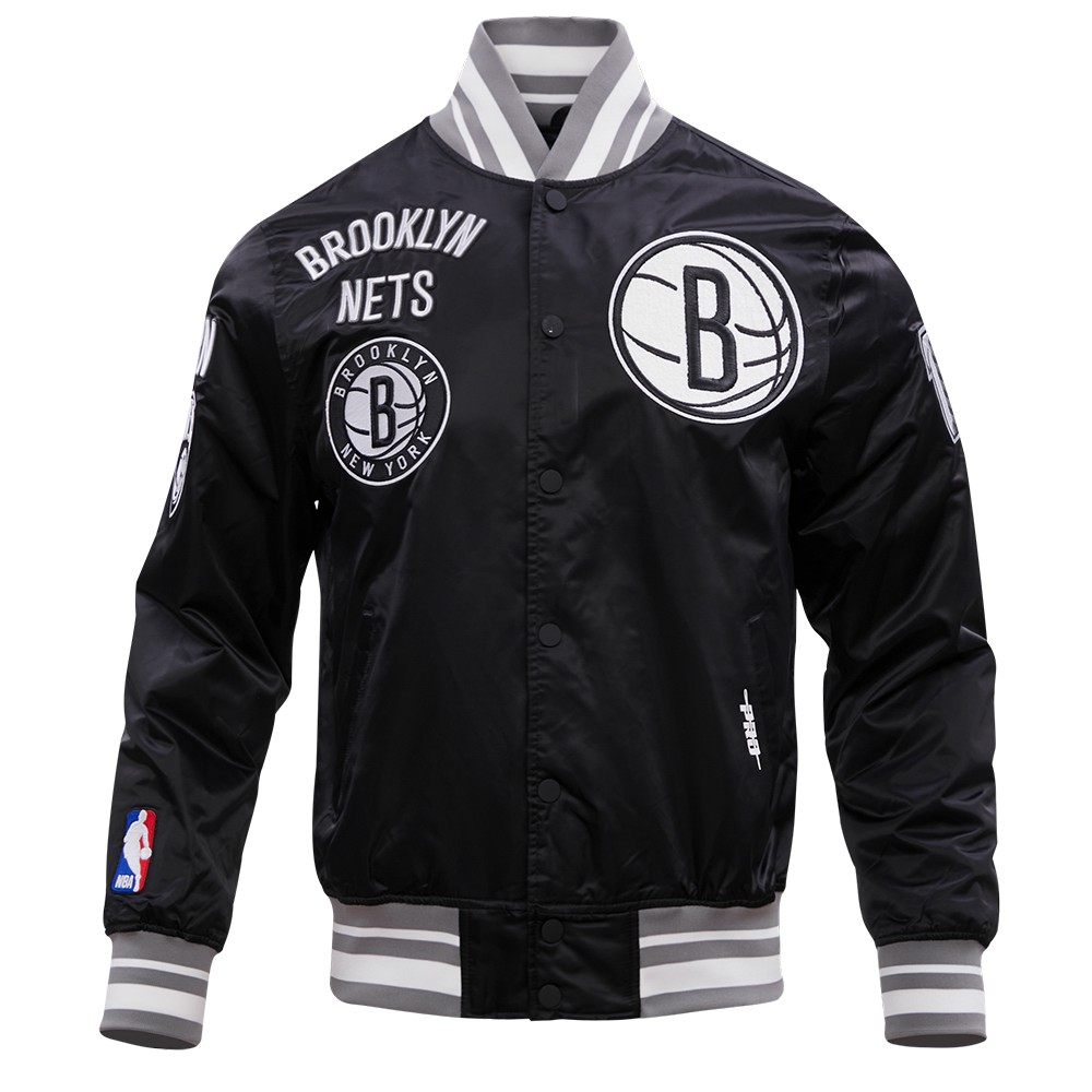 NBA BROOKLYN NETS RETRO CLASSIC BLOUSON EN SATIN À BORDS CÔTELÉS POUR HOMME (NOIR/GRIS)