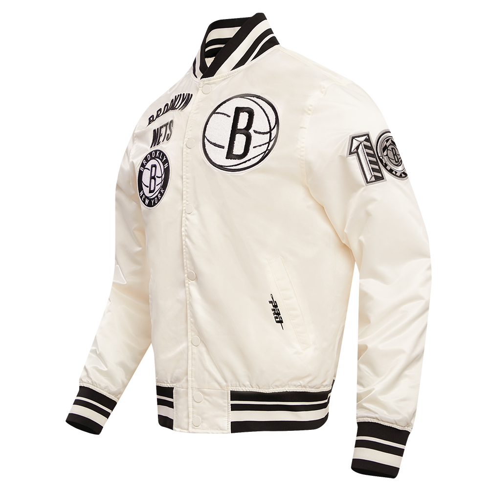 NBA BROOKLYN NETS RETRO CLASSIC MEN'S RIB SATIN JACKET (EGGSHELL/ BLACK)