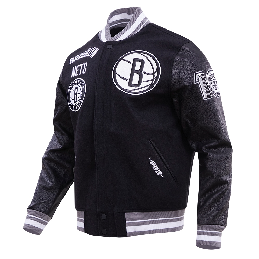 NBA BROOKLYN NETS RETRO CLASSIC MEN'S RIB WOOL VARSITY JACKET (BLACK/GREY)