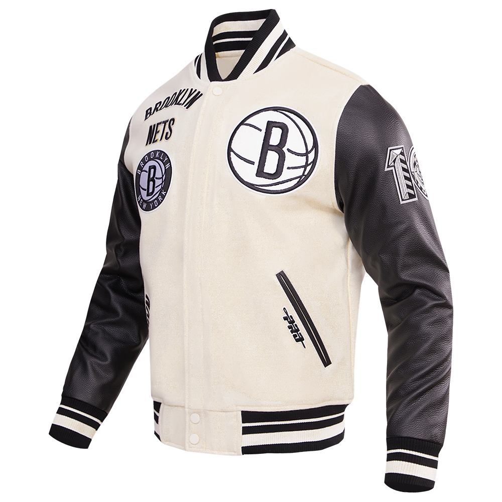 NBA BROOKLYN NETS RETRO CLASSIC MEN'S RIB WOOL VARSITY JACKET (EGGSHELL/ BLACK)