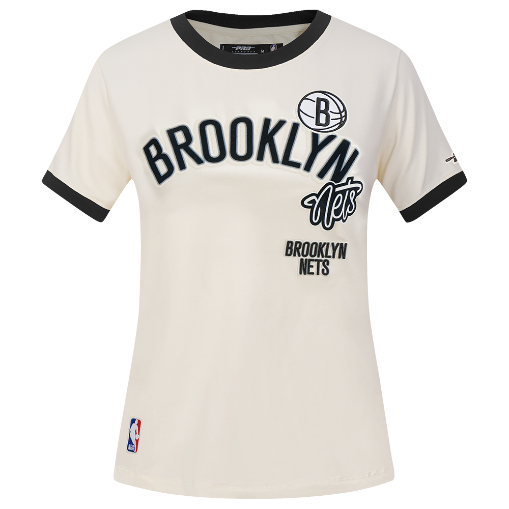 NBA BROOKLYN NETS RETRO CASCADE T-SHIRT À BORDURES CONTRASTANTES POUR FEMME (COQUILLE D'ŒUF/NOIR)