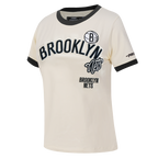 NBA BROOKLYN NETS RETRO CASCADE T-SHIRT À BORDURES CONTRASTANTES POUR FEMME (COQUILLE D'ŒUF/NOIR)