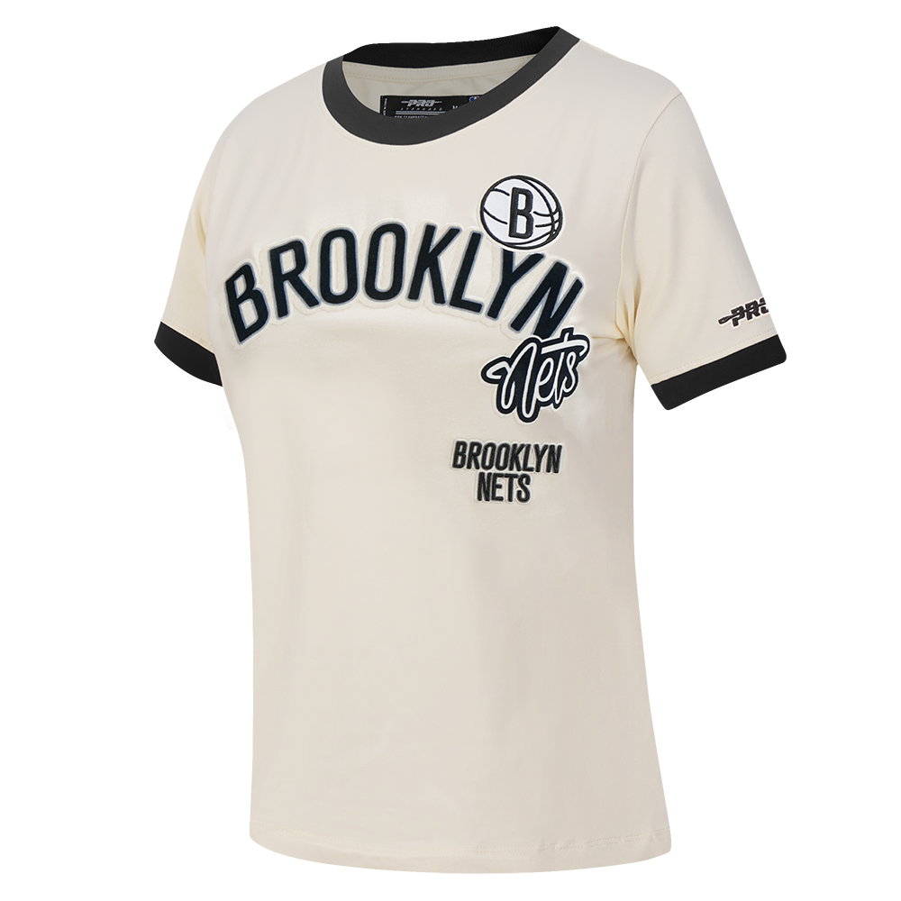 NBA BROOKLYN NETS RETRO CASCADE T-SHIRT À BORDURES CONTRASTANTES POUR FEMME (COQUILLE D'ŒUF/NOIR)