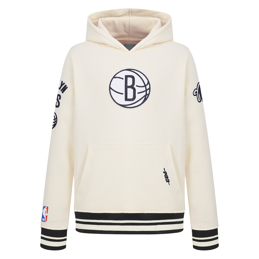 NBA BROOKLYN NETS RETRO CLASSIC BIG BOY'S RIB FLEECE PULLOVER HOODIE (EGGSHELL/ BLACK)