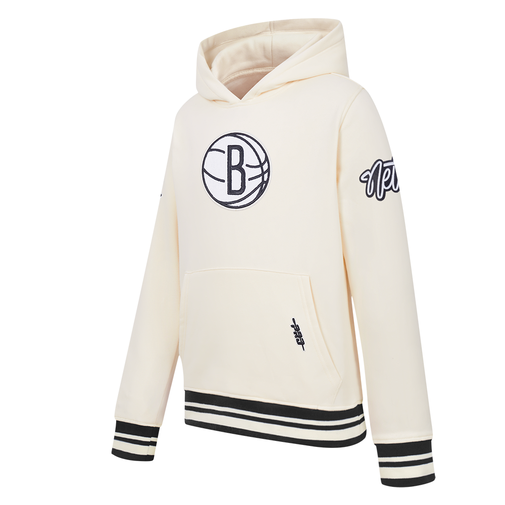 NBA BROOKLYN NETS RETRO CLASSIC BIG BOY'S RIB FLEECE PULLOVER HOODIE (EGGSHELL/ BLACK)