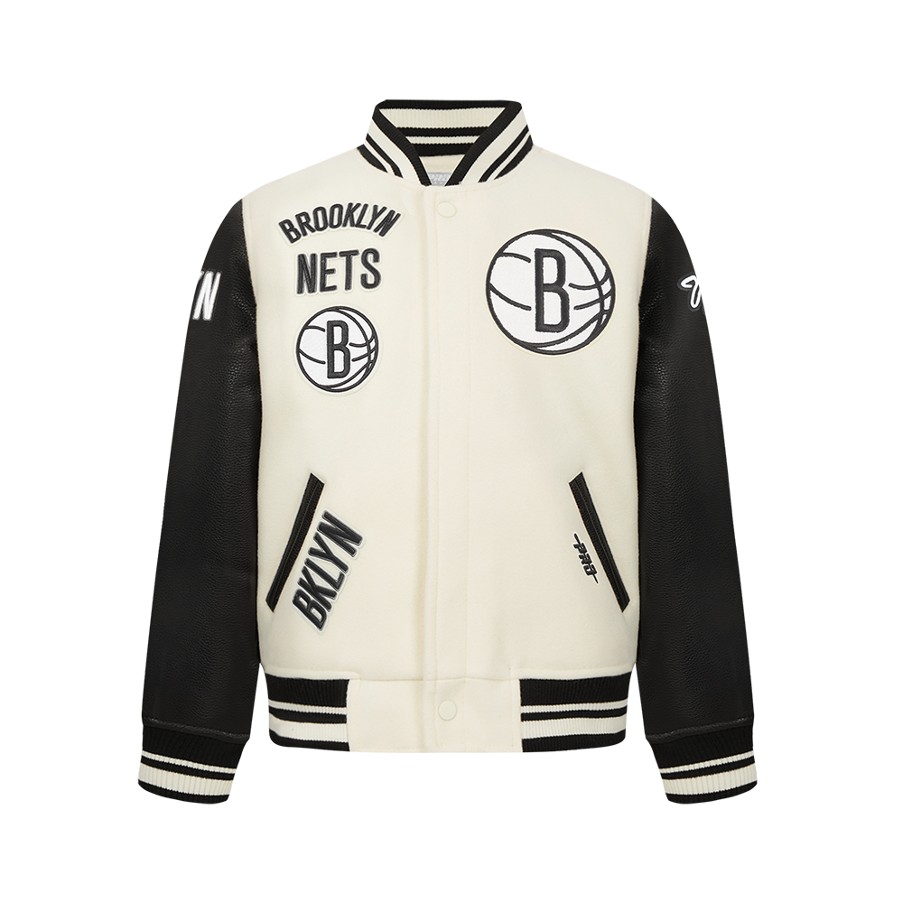NBA BROOKLYN NETS RETRO CLASSIC BIG BOY'S RIB WOOL VARSITY JACKET (EGGSHELL/ BLACK)