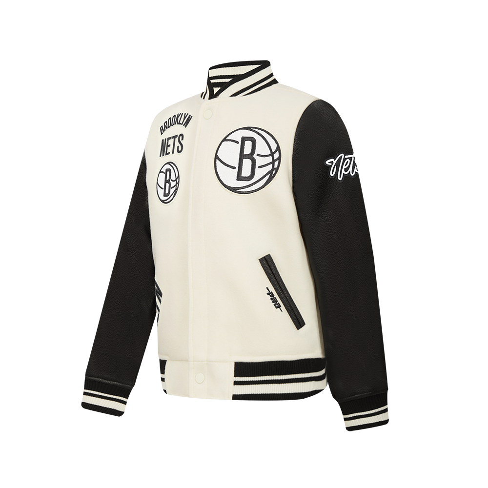 NBA BROOKLYN NETS RETRO CLASSIC BIG BOY'S RIB WOOL VARSITY JACKET (EGGSHELL/ BLACK)