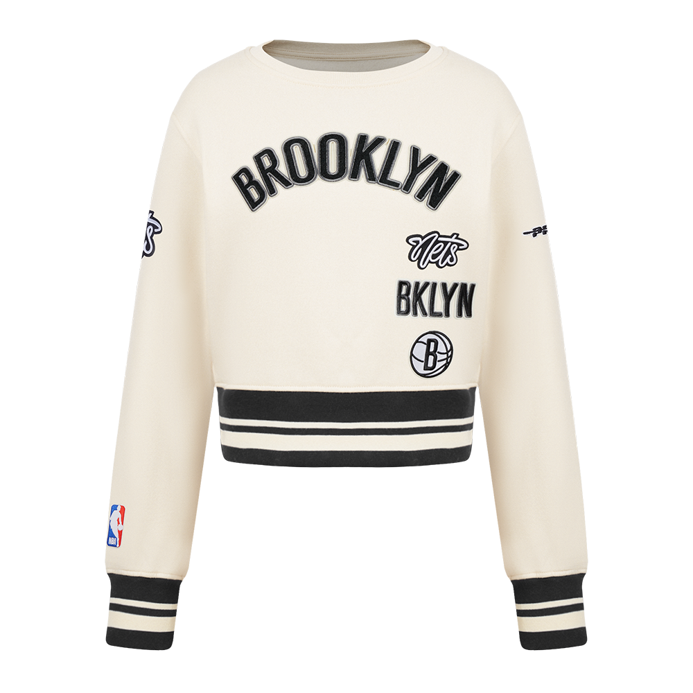 NBA BROOKLYN NETS RETRO CLASSIC BIG GIRL'S RIB FLC CREWNECK (EGGSHELL/ BLACK)