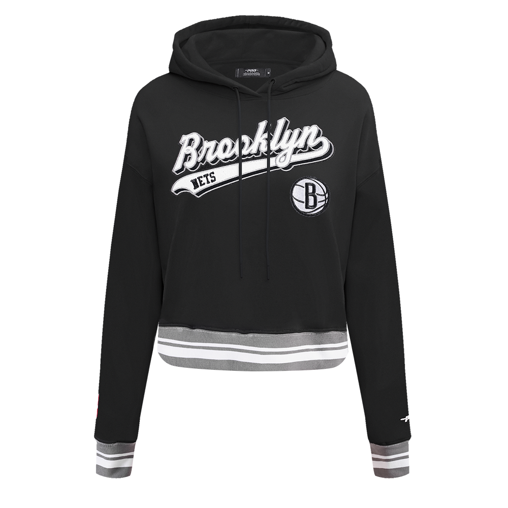 NBA BROOKLYN NETS SCRIPT TAIL CHANDAIL À CAPUCHON COURT EN MOLLETON CÔTELÉ POUR FEMME (NOIR/GRIS)