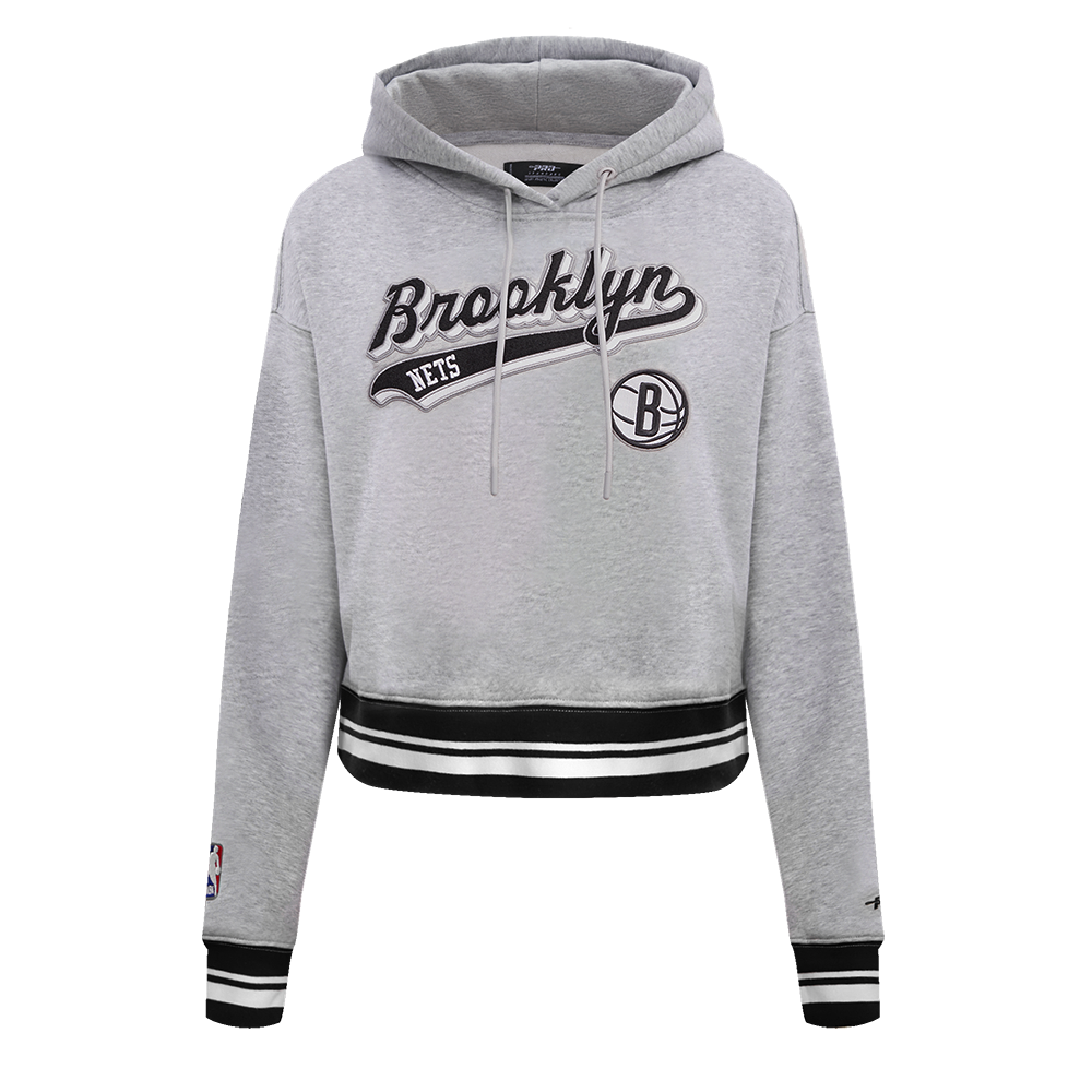 NBA BROOKLYN NETS SCRIPT TAIL CHANDAIL À CAPUCHON COURT EN MOLLETON CÔTELÉ POUR FEMME (GRIS CHINÉ/NOIR)