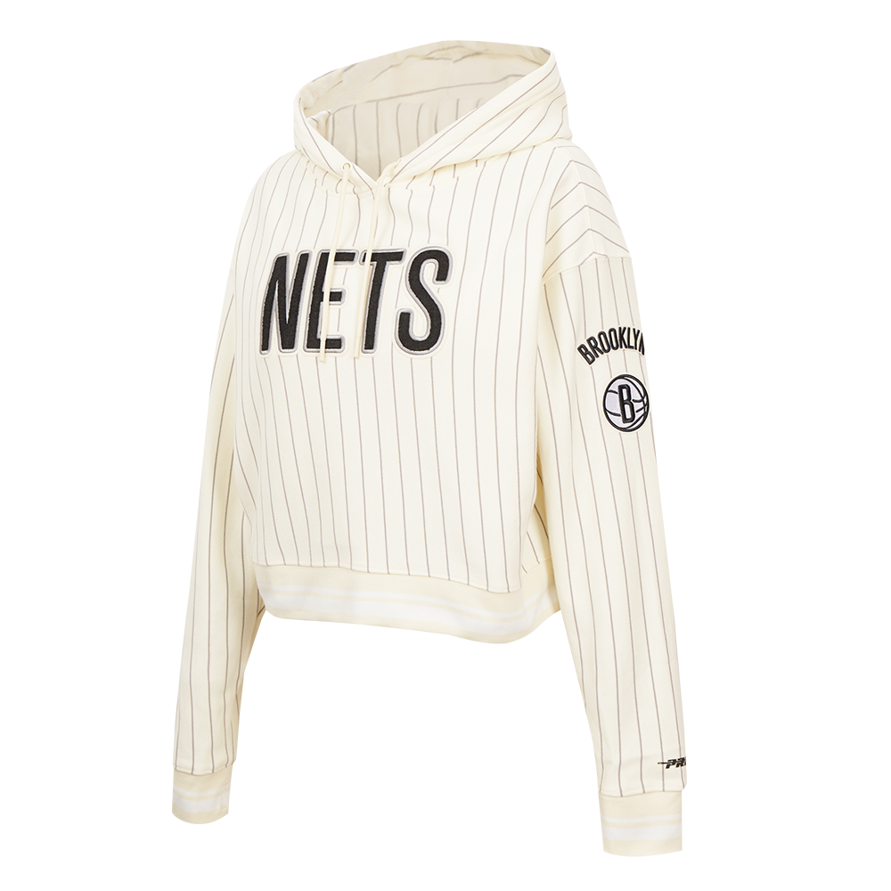 NBA BROOKLYN NETS PINSTRIPE RETRO CLASSIC WOMEN'S RIB FLC CROPPED PO HOO (EGGSHELL/ GREY)