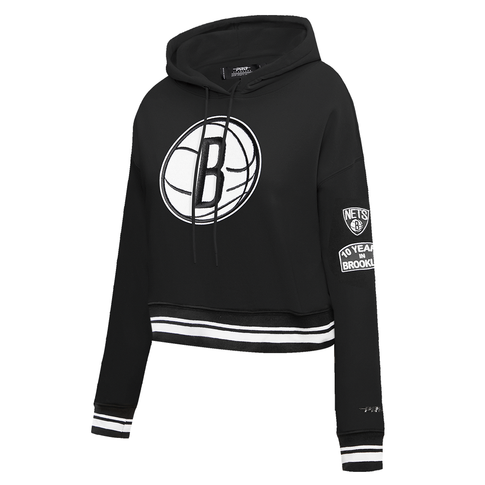NBA BROOKLYN NETS RETRO CLASSIC WOMEN'S CROPPED PULLOVER HOODIE (BLACK)