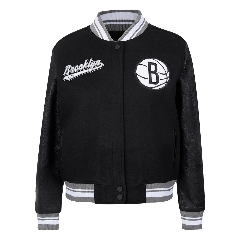 NBA BROOKLYN NETS SCRIPT TAIL WOMEN'S WOOL VARSITY JACKET (BLACK/GRAY)