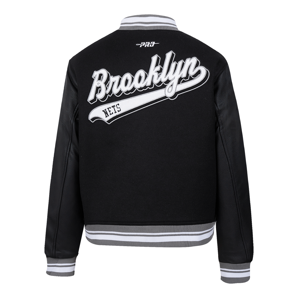 NBA BROOKLYN NETS SCRIPT TAIL WOMEN'S WOOL VARSITY JACKET (BLACK/GRAY)