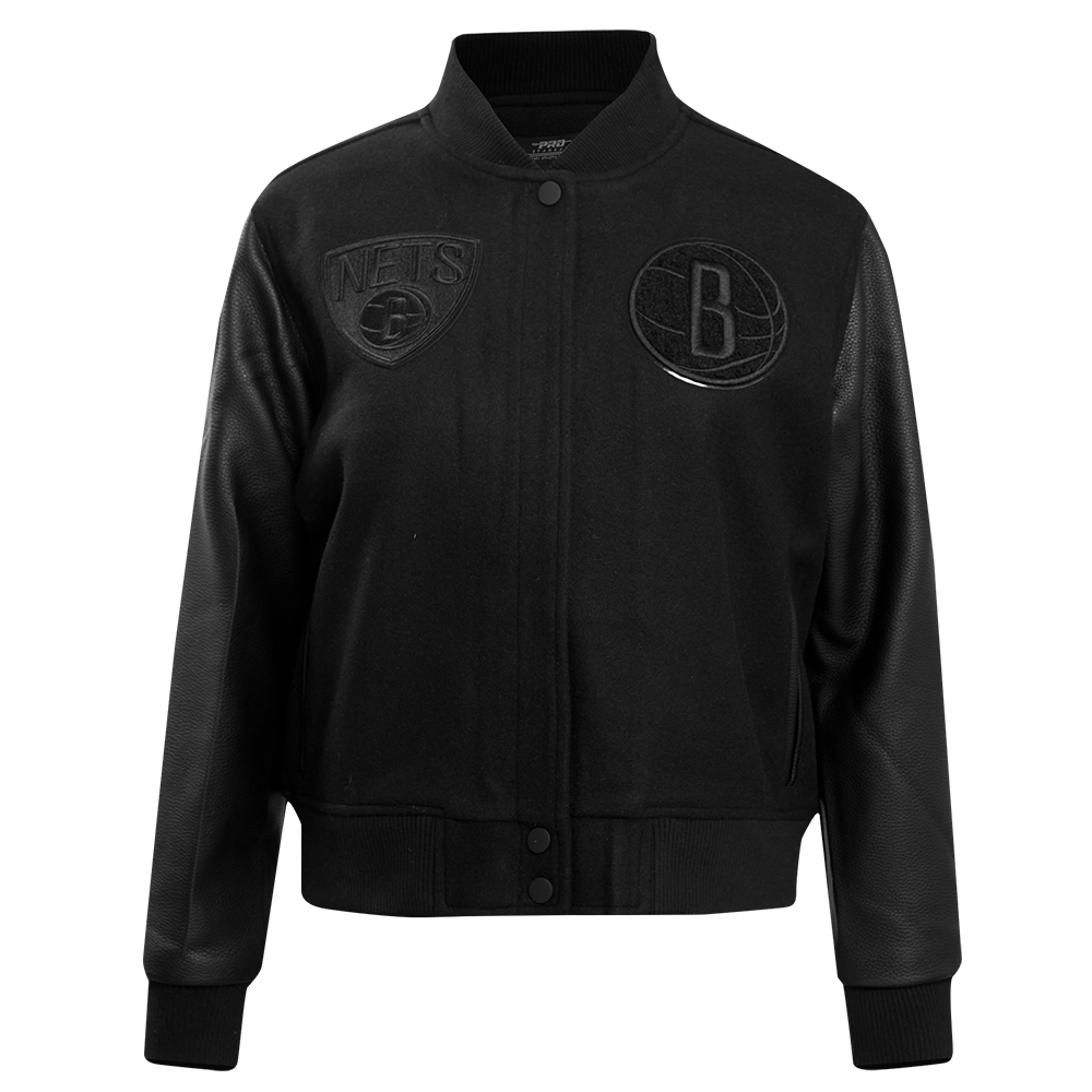 NBA BROOKLYN NETS TRIPLE BLACK BLOUSON COLLÉGIAL EN LAINE POUR FEMME (TRIPLE NOIR)