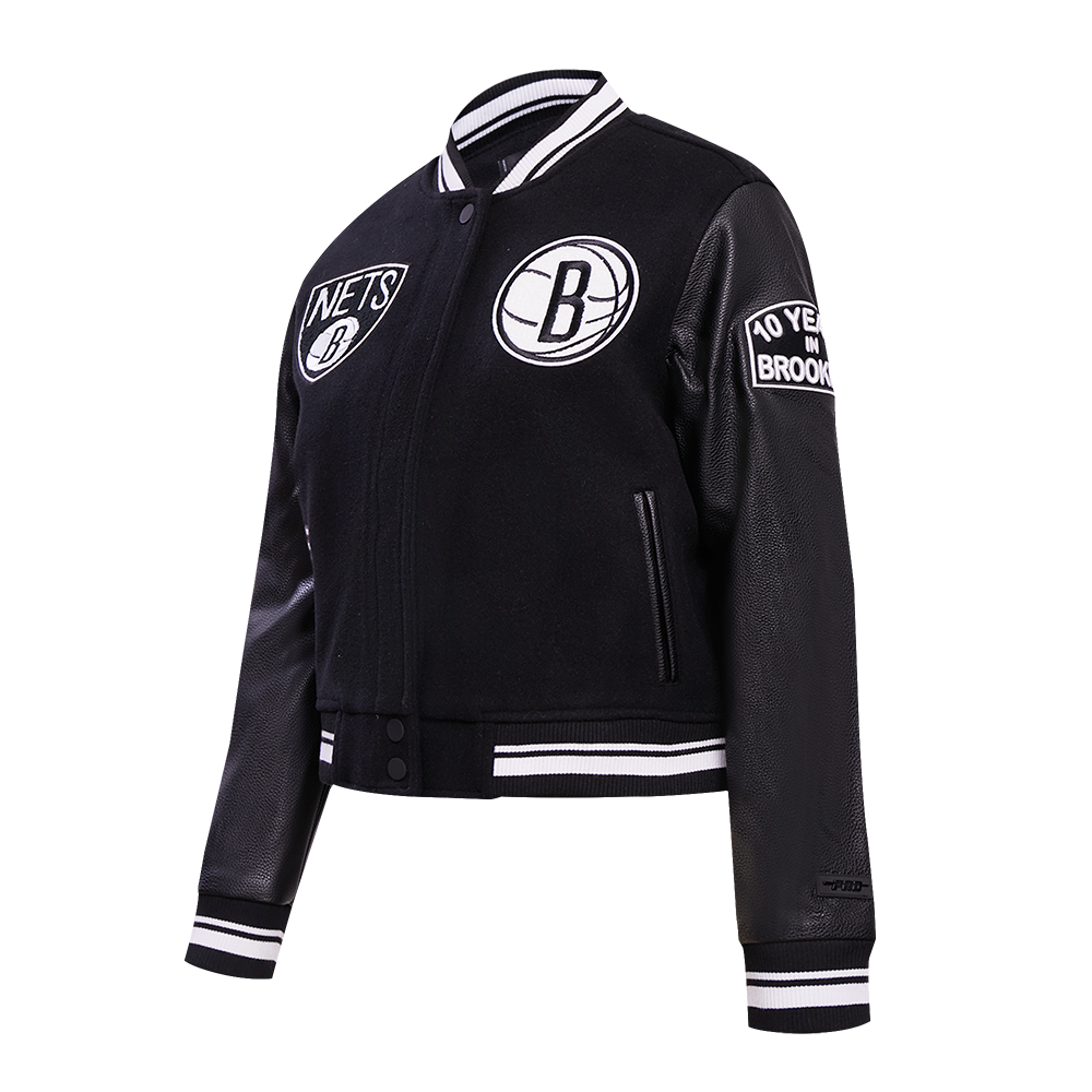 NBA BROOKLYN NETS RETRO CLASSIC WOMEN'S RIB WOOL VARSITY JACKET (BLACK)