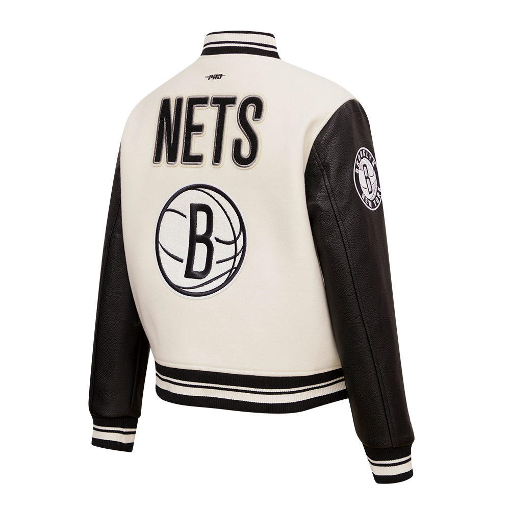 NBA BROOKLYN NETS RETRO CLASSIC WOMEN'S RIB WOOL VARSITY JACKET (EGGSHELL/ BLACK)