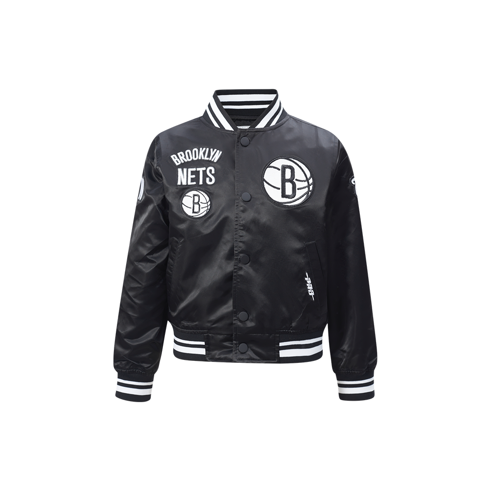 NBA BROOKLYN NETS RETRO CLASSIC BLOUSON EN SATIN À BORDS CÔTELÉS POUR GARÇON ENFANT (NOIR/GRIS)