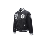 NBA BROOKLYN NETS RETRO CLASSIC BLOUSON EN SATIN À BORDS CÔTELÉS POUR GARÇON ENFANT (NOIR/GRIS)