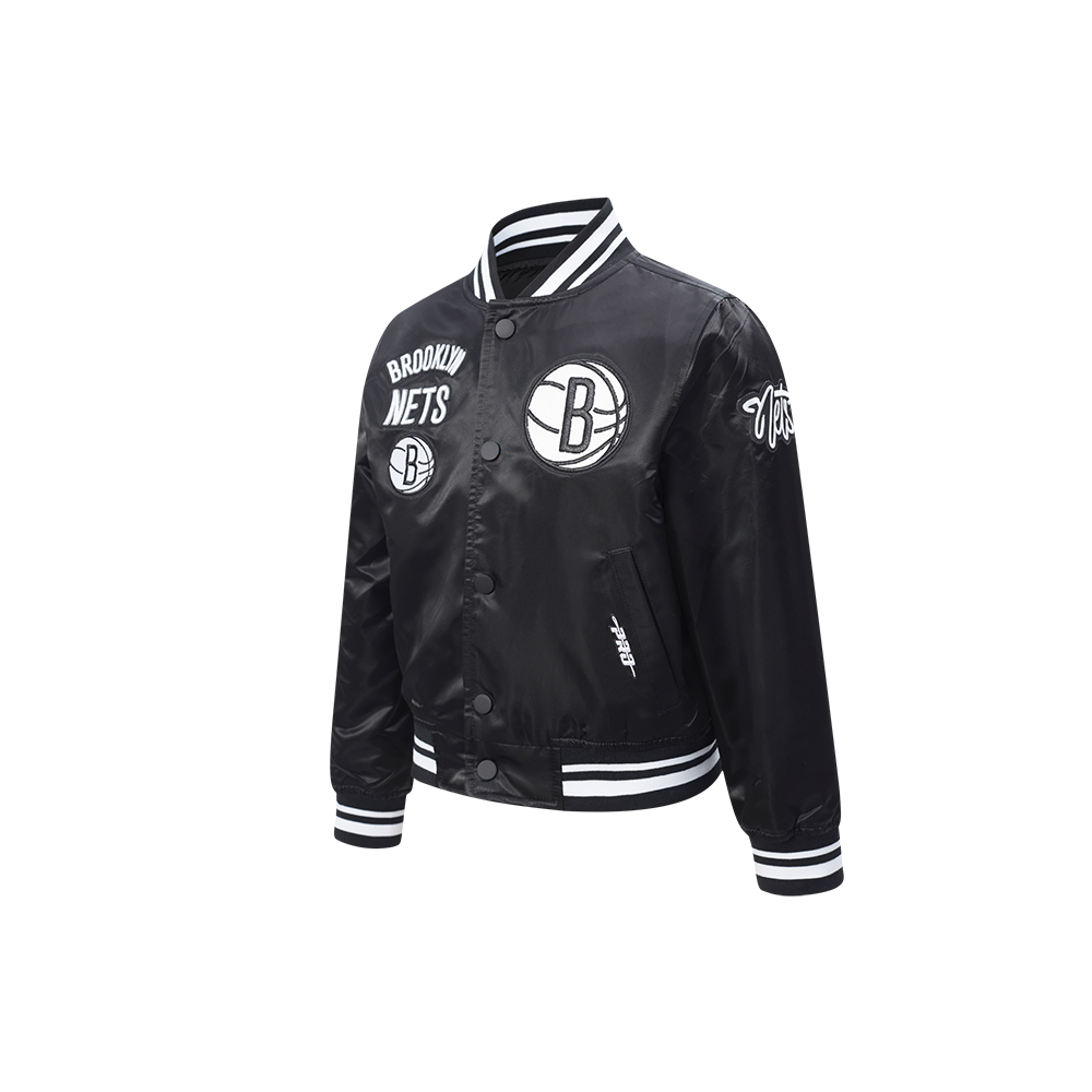 NBA BROOKLYN NETS RETRO CLASSIC BLOUSON EN SATIN À BORDS CÔTELÉS POUR GARÇON ENFANT (NOIR/GRIS)