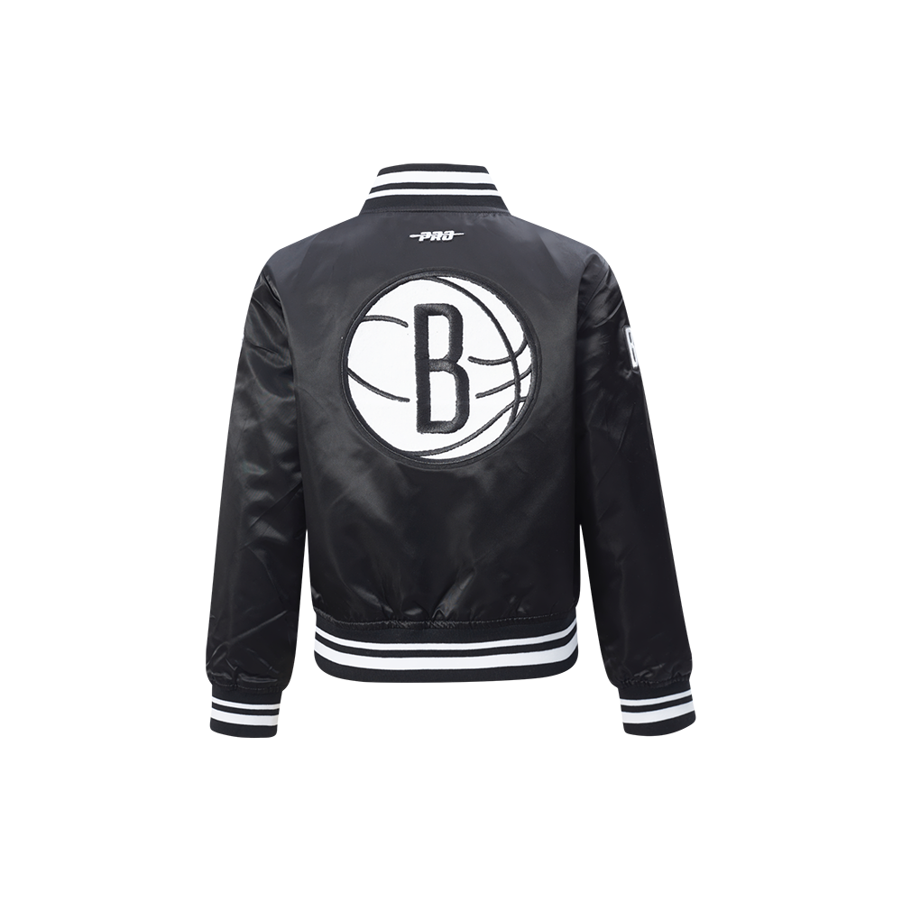 NBA BROOKLYN NETS RETRO CLASSIC BLOUSON EN SATIN À BORDS CÔTELÉS POUR GARÇON ENFANT (NOIR/GRIS)