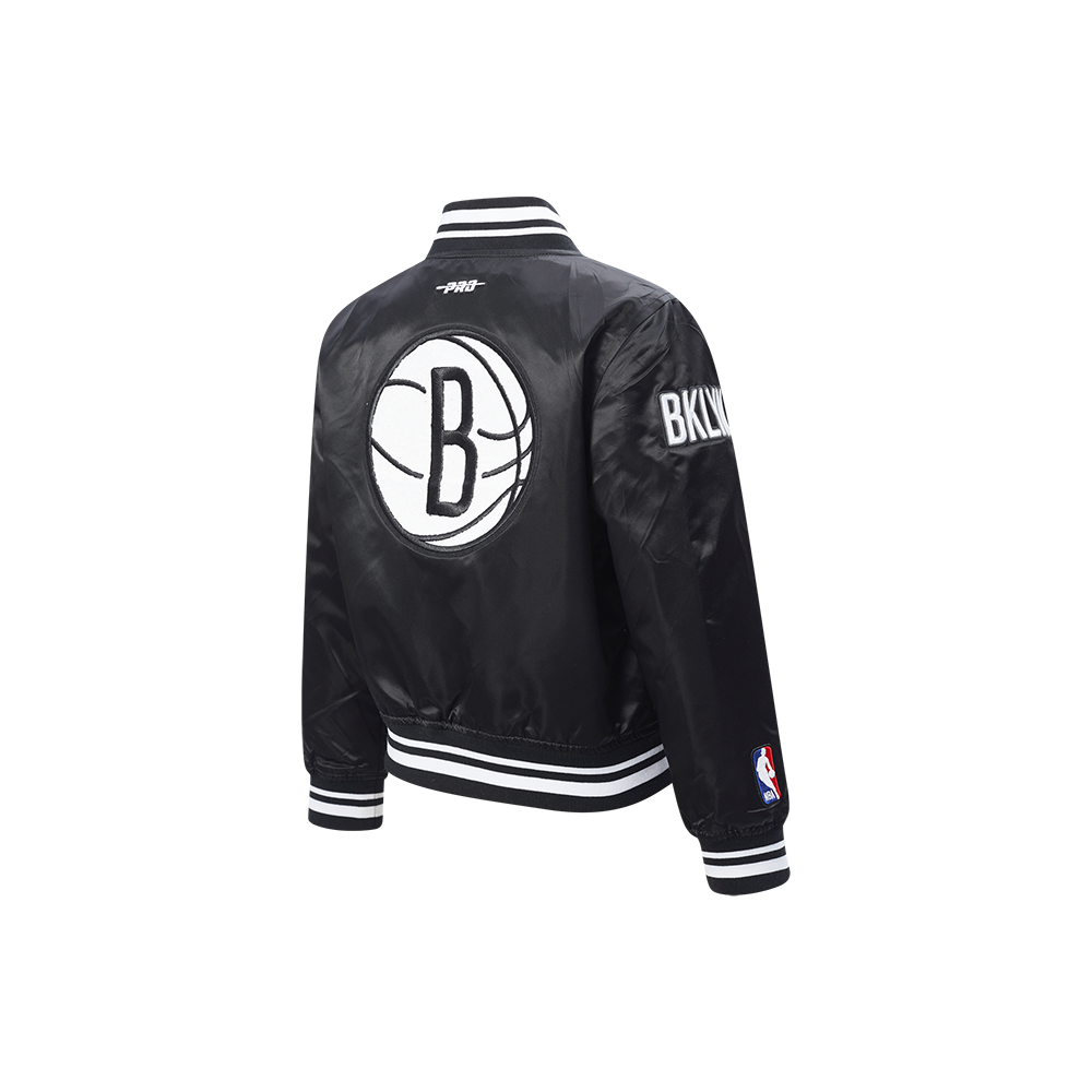 NBA BROOKLYN NETS RETRO CLASSIC BLOUSON EN SATIN À BORDS CÔTELÉS POUR GARÇON ENFANT (NOIR/GRIS)