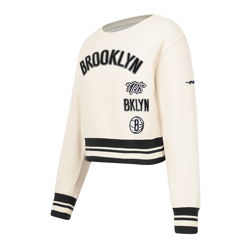 NBA BROOKLYN NETS RETRO CLASSIC LITTLE GIRLS  RIB FLEECE CREWNECK (EGGSHELL/ BLACK)