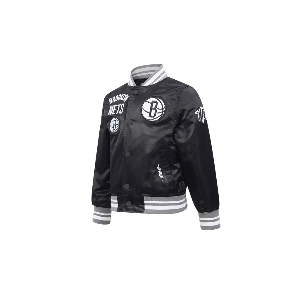 NBA BROOKLYN NETS RETRO CLASSIC BLOUSON EN SATIN À BORDS CÔTELÉS POUR GARÇON BAMBIN (NOIR/GRIS)