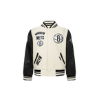 NBA BROOKLYN NETS RETRO CLASSIC BLOUSON COLLÉGIAL EN LAINE À BORDS CÔTELÉS POUR GARÇON BAMBIN (COQUILLE D'ŒUF/NOIR)