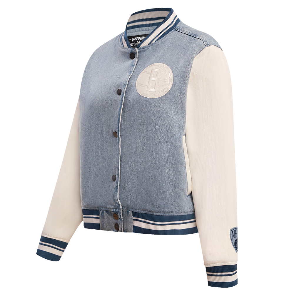NBA BROOKLYN NETS VARSITY BLUES WOMEN'S DENIM VARSITY JACKET (DENIM/LINEN)