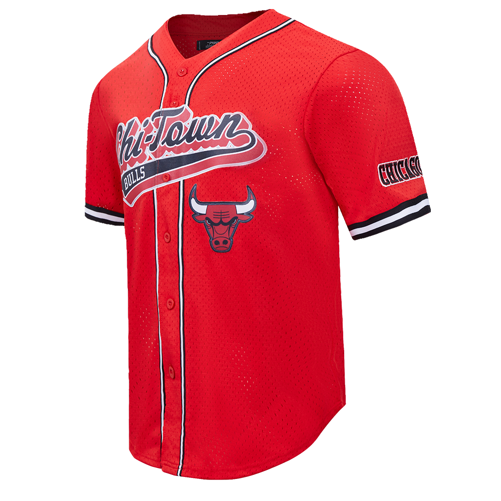 NBA CHICAGO BULLS SCRIPT TAIL MEN'S MESH BUTTON DOWN SHIRT (RED/BLACK)