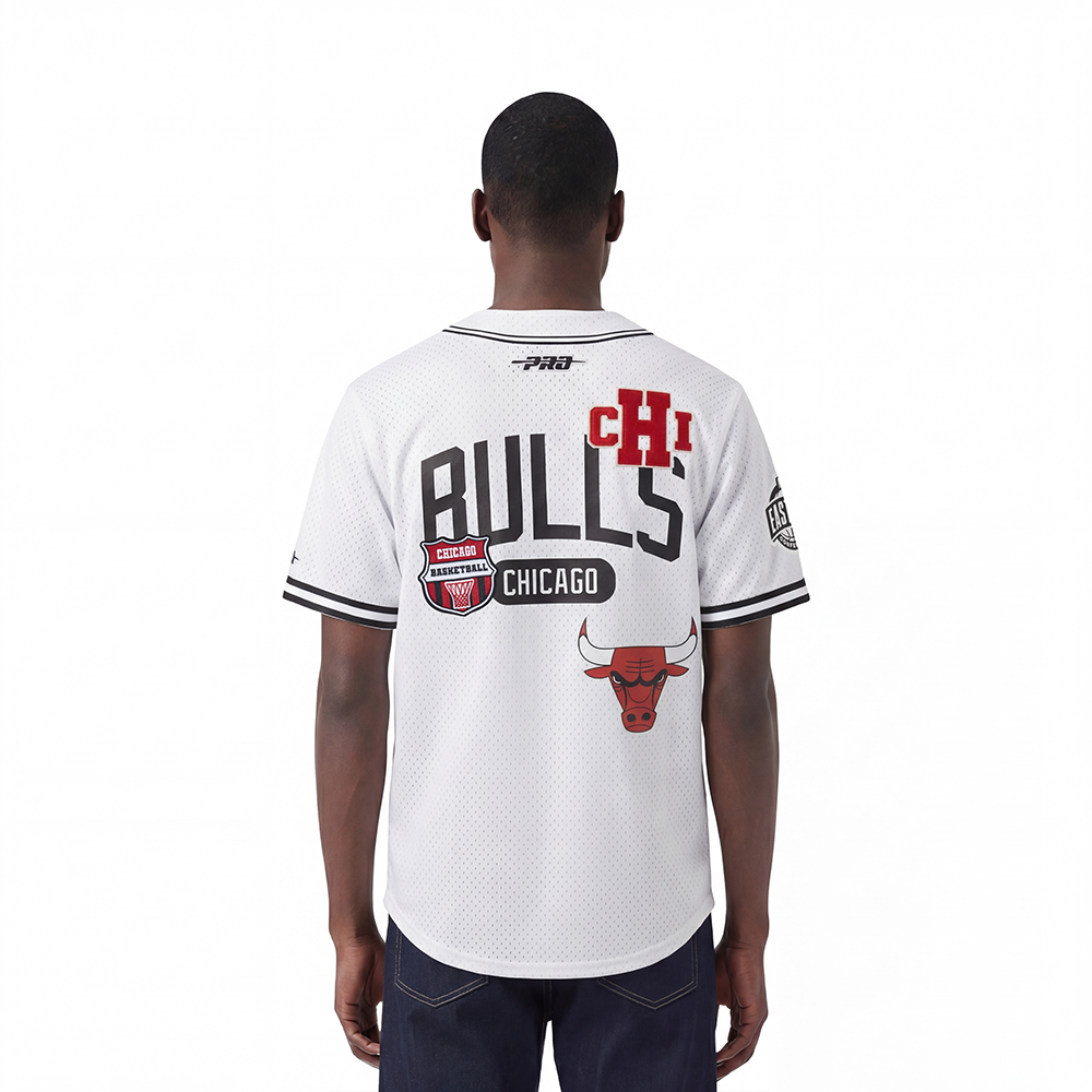 NBA CHICAGO BULLS LETTERMAN MEN'S BUTTON DOWN MESH TOP (WHITE/BLACK/WHITE)
