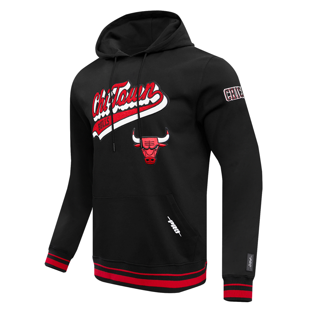 NBA CHICAGO BULLS SCRIPT TAIL MEN'S RIB FLEECE PULLOVER HOODIE (BLACK/RED/BLACK)