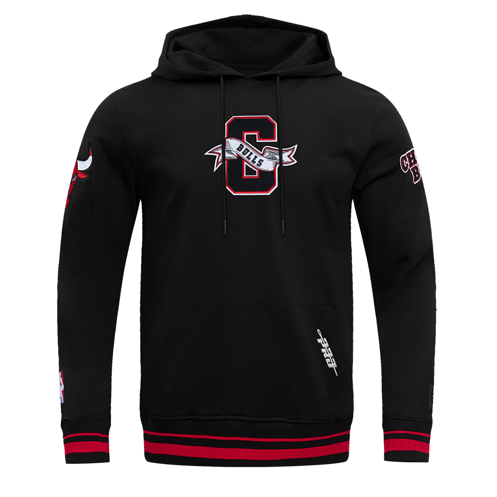 NBA CHICAGO BULLS TEAM PENNANTS CHANDAIL À CAPUCHON EN MOLLETON CÔTELÉ POUR HOMME (NOIR/ROUGE/NOIR)