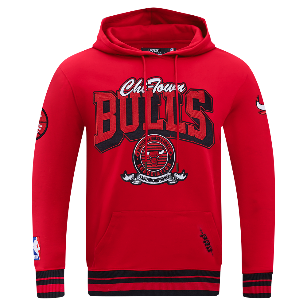 NBA CHICAGO BULLS TEAM BADGE CHANDAIL À CAPUCHON EN MOLLETON CÔTELÉ POUR HOMME (ROUGE/NOIR)