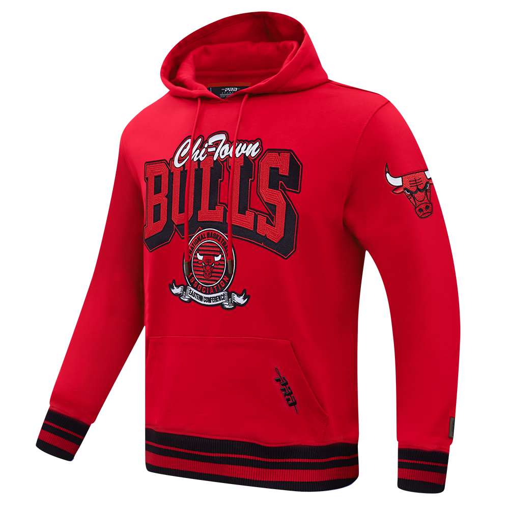 NBA CHICAGO BULLS TEAM BADGE CHANDAIL À CAPUCHON EN MOLLETON CÔTELÉ POUR HOMME (ROUGE/NOIR)