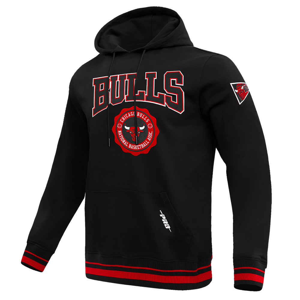 NBA CHICAGO BULLS CREST EMBLEM MEN'S RIB PULLOVER HOODIE (BLACK/RED/BLACK)