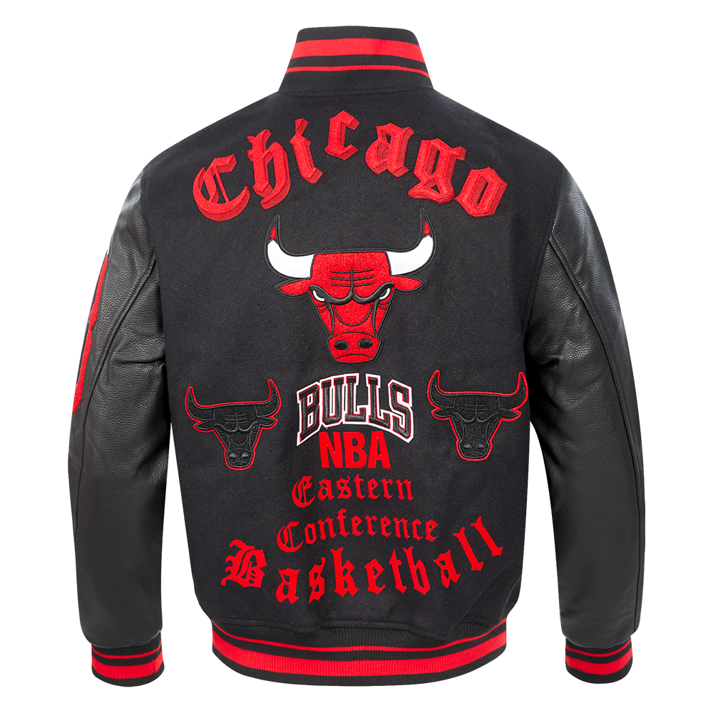 NBA CHICAGO BULLS OLD ENGLISH MEN'S RIB WOOL VARSITY JACKET (BLACK/RED/BLACK)