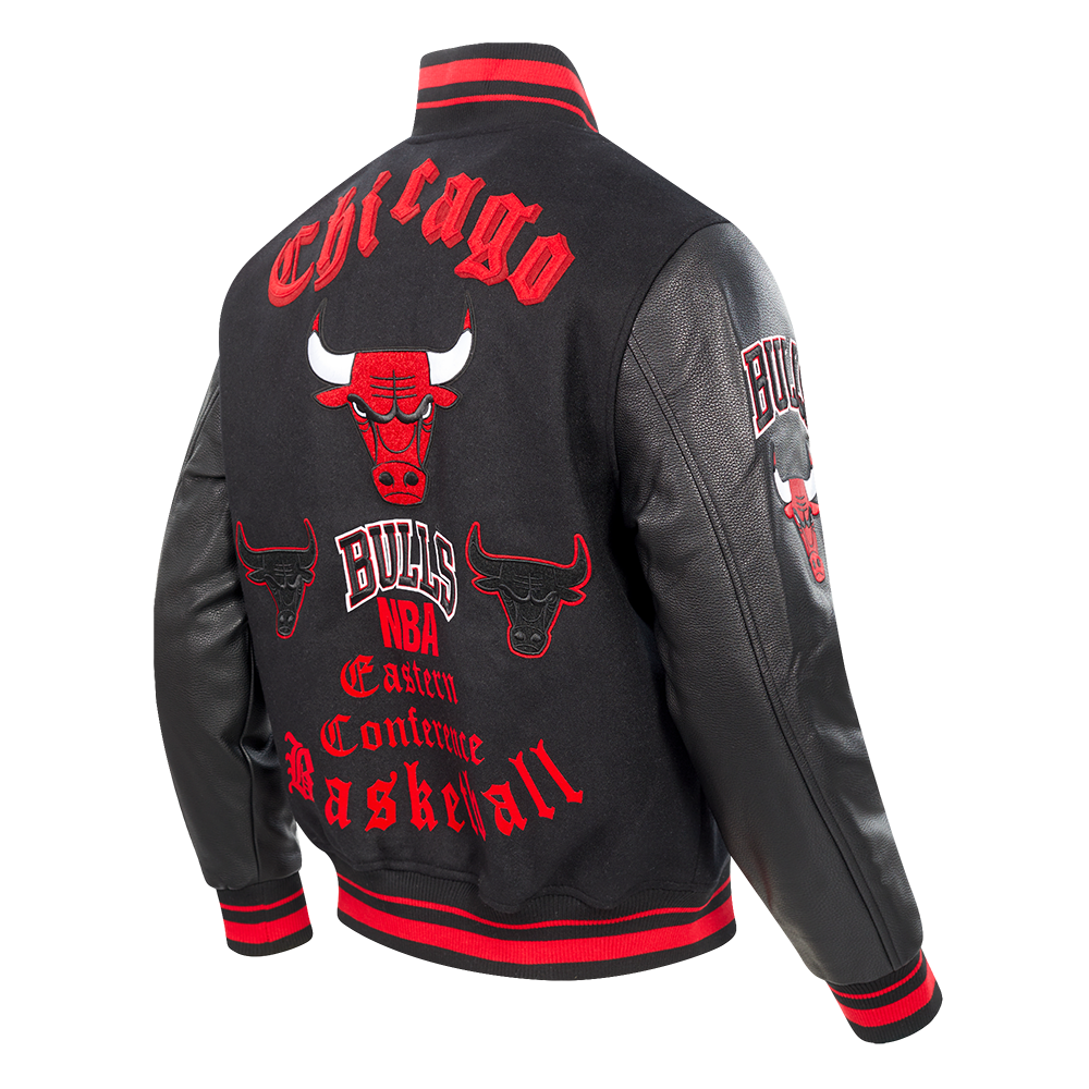 NBA CHICAGO BULLS OLD ENGLISH MEN'S RIB WOOL VARSITY JACKET (BLACK/RED/BLACK)