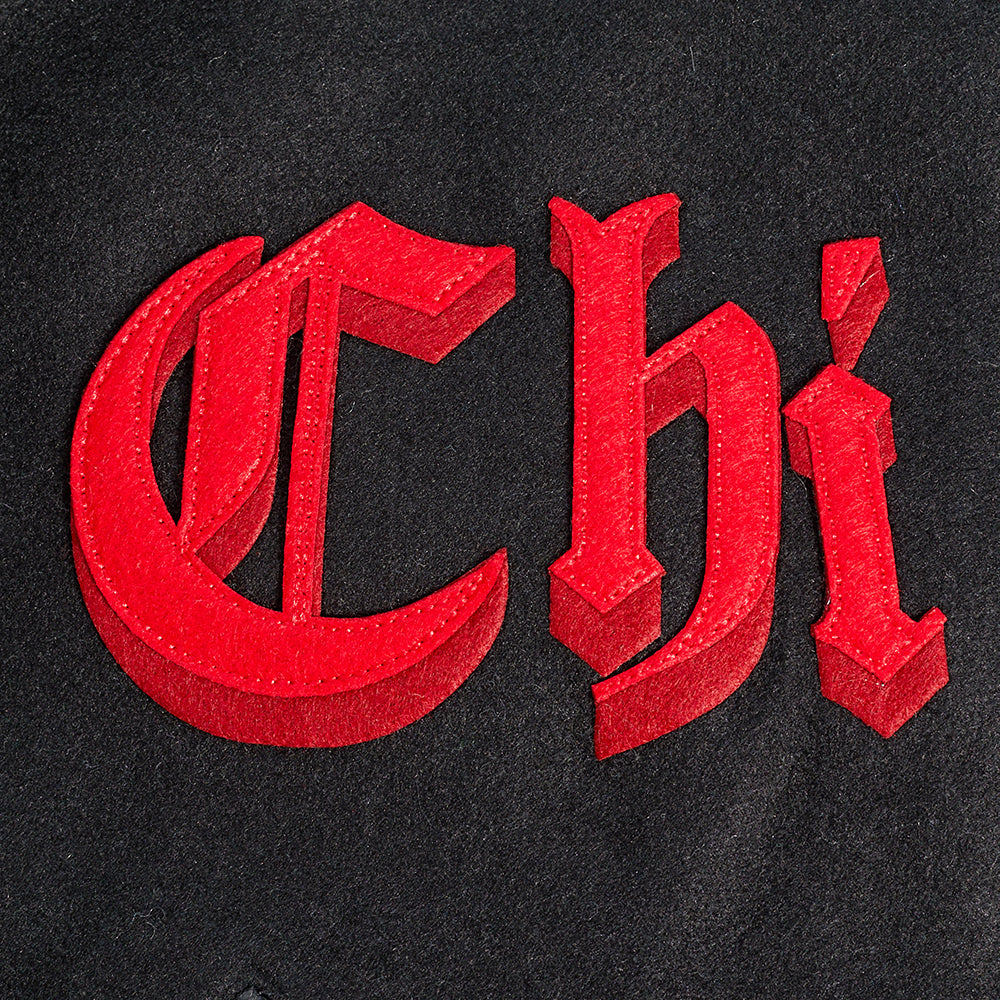 NBA CHICAGO BULLS OLD ENGLISH MEN'S RIB WOOL VARSITY JACKET (BLACK/RED/BLACK)