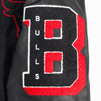 NBA CHICAGO BULLS OLD ENGLISH MEN'S RIB WOOL VARSITY JACKET (BLACK/RED/BLACK)